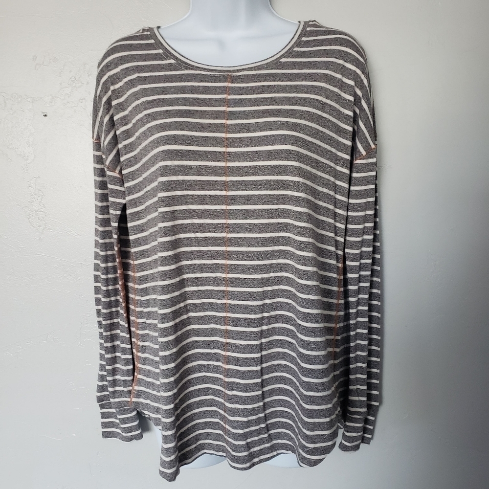 Mystree Medium Grey White Striped Long Sleeve Shirt Orange Stitching Top Comfy